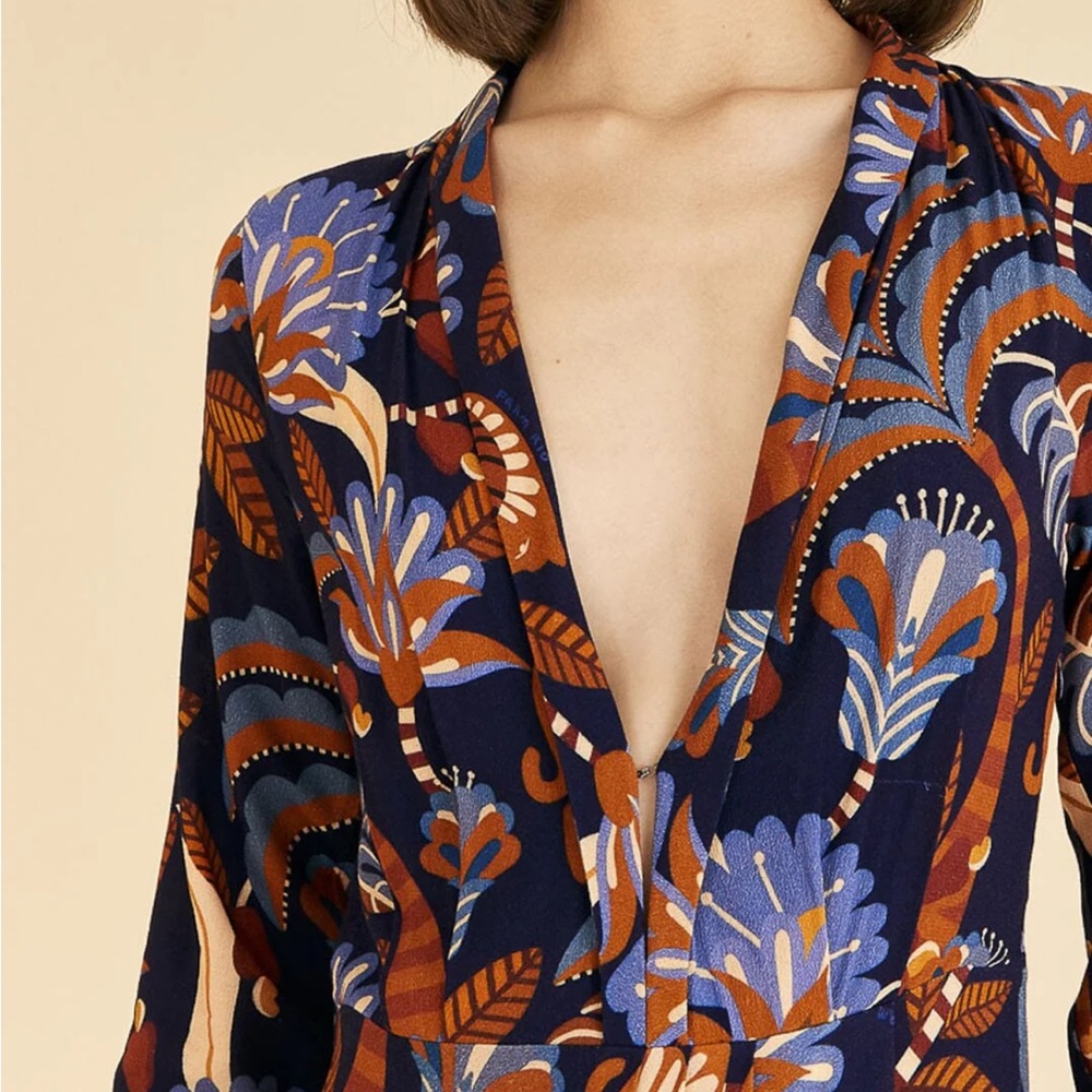 FARM Rio Navy Blue Floral Wrap Maxi Dress with Rust and Cream Accents - Picture 4 of 12